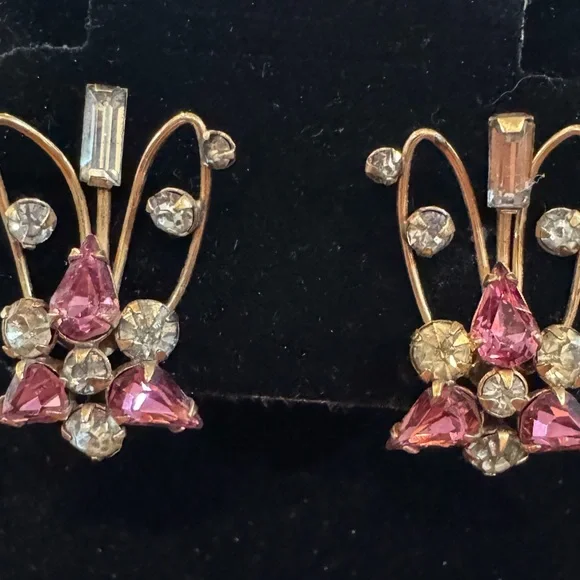 Vintage M & S Brooch & Earrings Set—1/20 12k Gold Filled, Pink/Clear Rhinestones - Picture 3 of 9